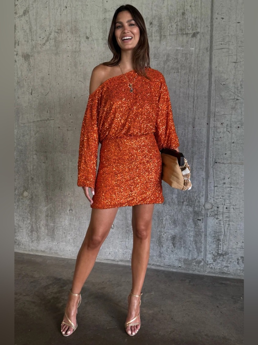 NWT  Never Fully Dressed Orange Sequin Tilly Off The Shoulder Long Sleeve Dress